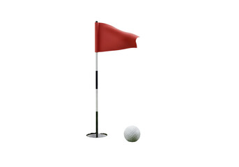 Isolated golf course marker flag next to golf ball for game sport success conceptual theme