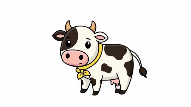 Cute Cartoon Cow Illustration - Adorable cartoon cow with black and white spots wearing a yellow neckerchief, standing against a white background.