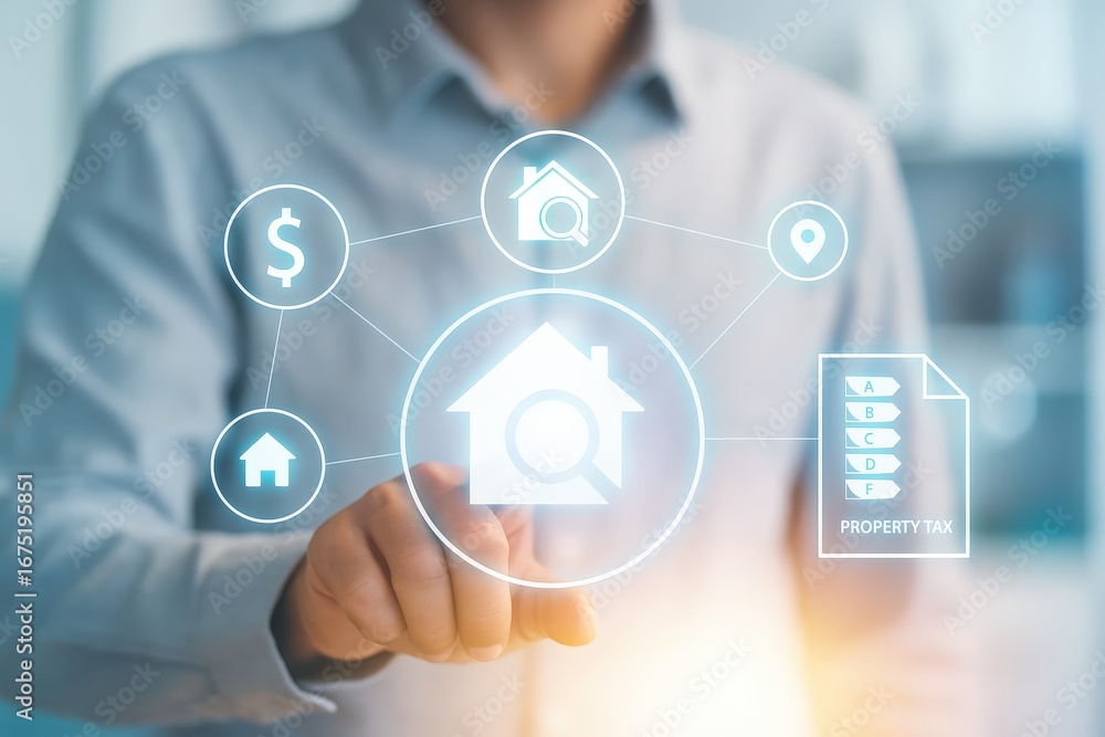 Poster a person interacts with a digital interface displaying interconnected icons related to homeownership