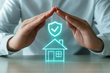 A person's hands protect a digital house and security check mark graphic, signifying home protection and assurance.