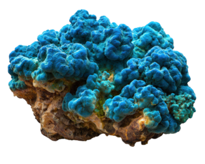 Blue fluorescent coral glowing underwater, vibrant reef element with textured surface, marine life detail, isolated on transparency background, captivating and colorful appearance
