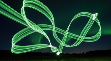 Green light trails over dark field with aurora and sky