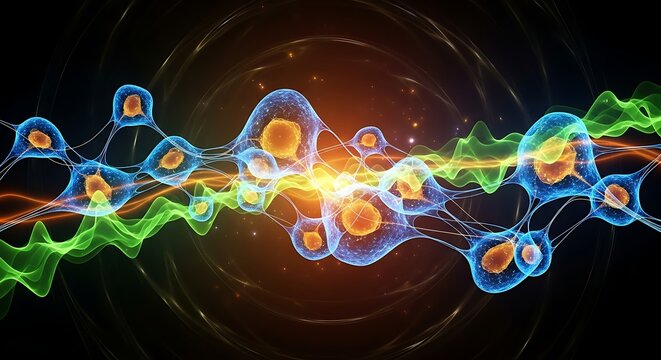 X cells energy concept with glowing biological structures and futuristic molecular visualization of cellular power and bioenergetics
