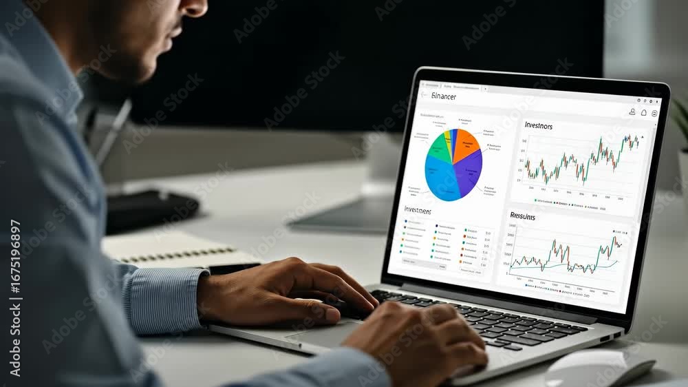 Poster Financial Analyst Reviewing Data on Laptop - A financial professional analyzes financial data displayed as pie charts and graphs on a laptop computer.