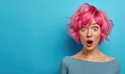 Surprised Woman With Pink Hair With Blue Background Space for Text 