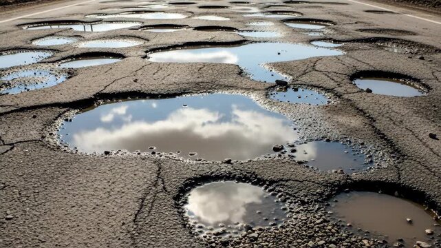 Damaged Asphalt Road with Potholes and Water Reflections - A close-up shot of a severely damaged asphalt road surface, showing numerous potholes filled with water reflecting the sky.