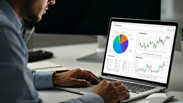 Financial Analyst Reviewing Data on Laptop - A financial professional analyzes financial data displayed as pie charts and graphs on a laptop computer.