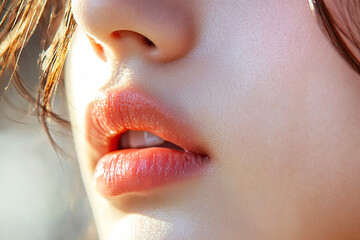A close-up of a person's lips with a subtle shine, showcasing a natural and soft appearance with gentle highlights.