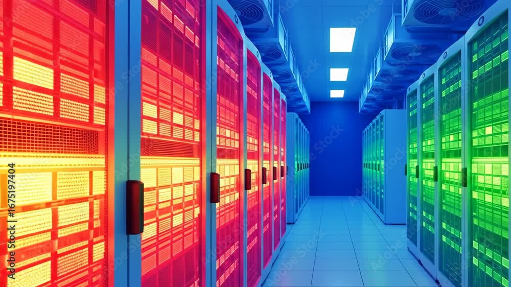Poster modern data center server room - rows of illuminated servers in a modern data center. the servers gl