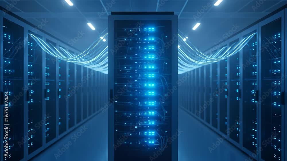Poster global data center network - rows of illuminated servers in a modern data center, connected by glowi