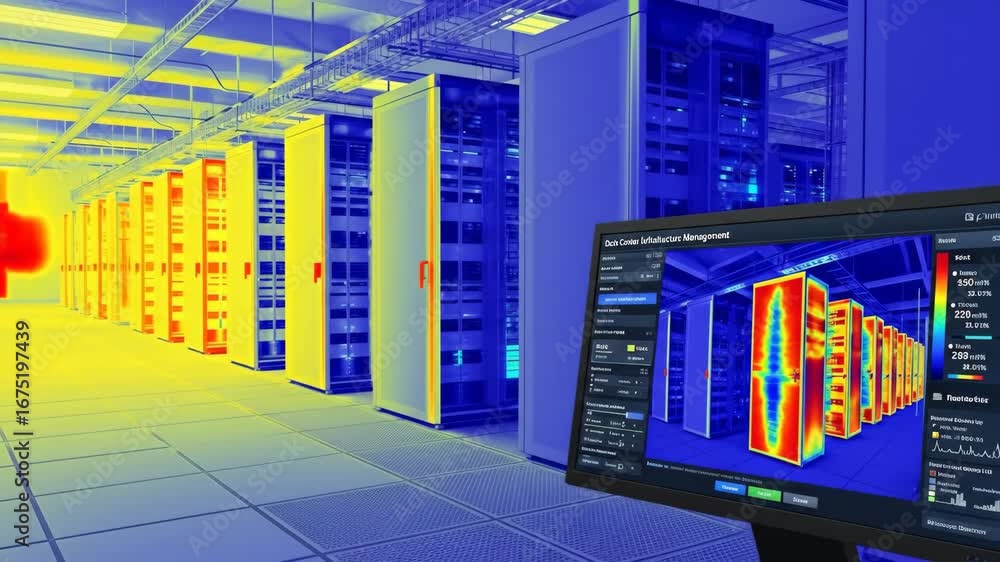 Poster data center thermal monitoring software - a thermal video of a modern data center server room is dis