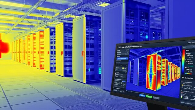 Data Center Thermal Monitoring Software - A thermal video of a modern data center server room is displayed on a monitor showing heat signatures of the servers.