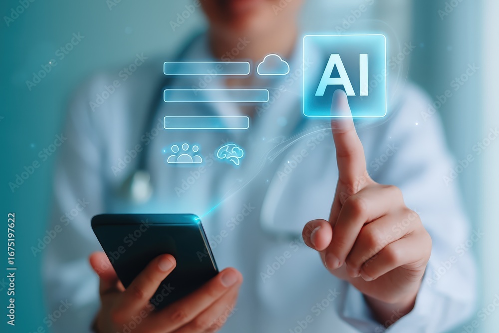 Poster a person in a white coat interacts with a smartphone, showcasing digital ai interface elements overl