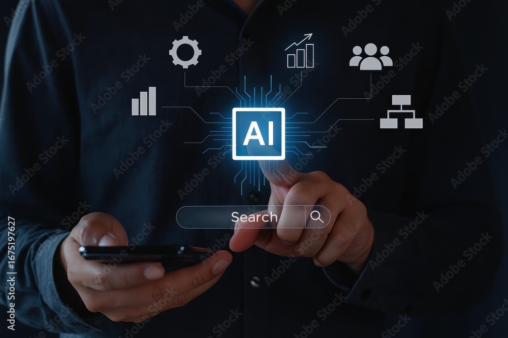 Poster a person interacts with a futuristic interface showcasing the concept of artificial intelligence.