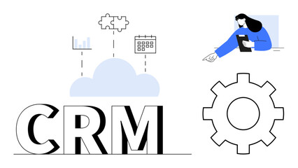 CRM text with cloud, gear, calendar, graph, and professional managing clipboard. Ideal for business, automation, organization, productivity software collaboration simple landing page