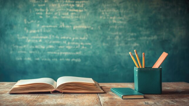 Open book on wooden desk with stationery in classroom setting