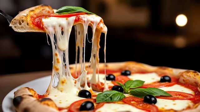 Delicious Italian Pizza Slice with Melted Cheese - A close-up shot of a pizza slice being lifted, showcasing strings of melted mozzarella cheese.