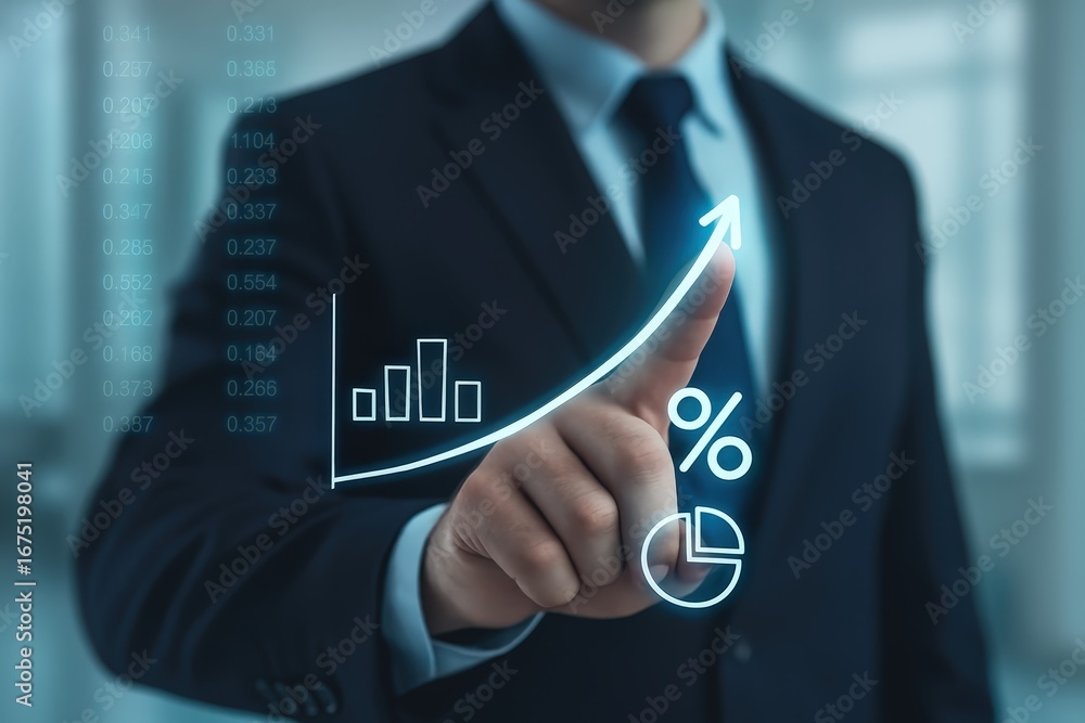 Poster a businessman's hand interacts with a projected graph showing upward trends and percentage data.