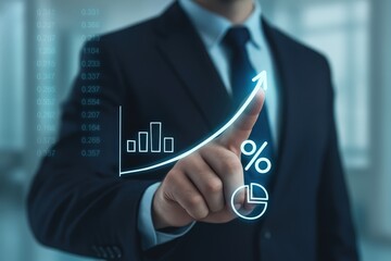 A businessman's hand interacts with a projected graph showing upward trends and percentage data.