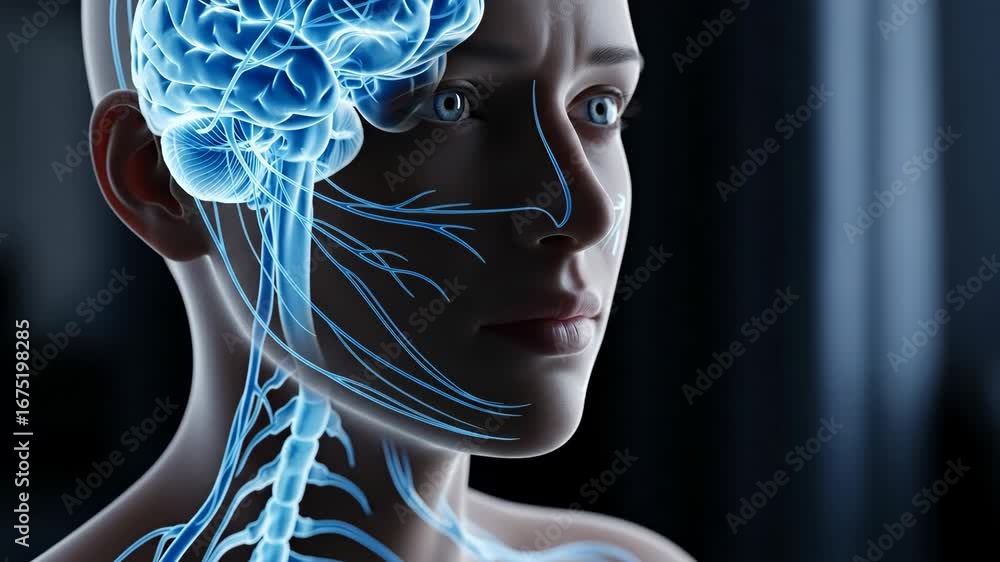 Poster glowing nervous system and brain anatomy - close-up view of a female's head and neck with a digitall