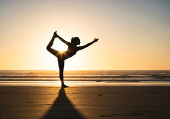 Dancer Pose or Natarajasana silhouette on glowing beach, elegant balance and open chest reinforcing peace, breath and mindful movement at the shoreline