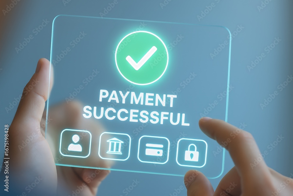 Poster a hand interacts with a transparent screen displaying a payment successful message, highlighted by g