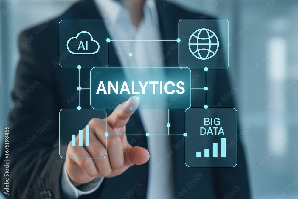 Poster a person interacts with a futuristic interface displaying analytics, big data, and ai concepts.