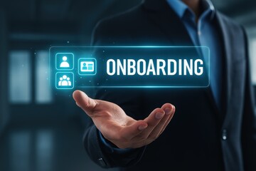 A person in a suit displays a holographic onboarding interface with user icons.