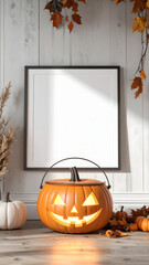 Obraz premium A glowing jack-o'-lantern sits beside a blank picture frame, decorated with autumn leaves.