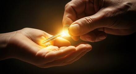Hand giving a glowing key of opportunity to another person's open hands