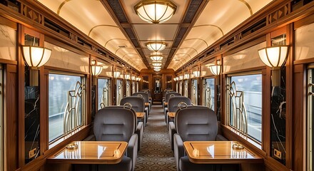 Fototapeta premium Interior of a luxury train car with tables and seats.