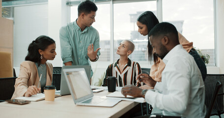 Planning, teamwork and meeting with business people in office for project campaign, advice and...