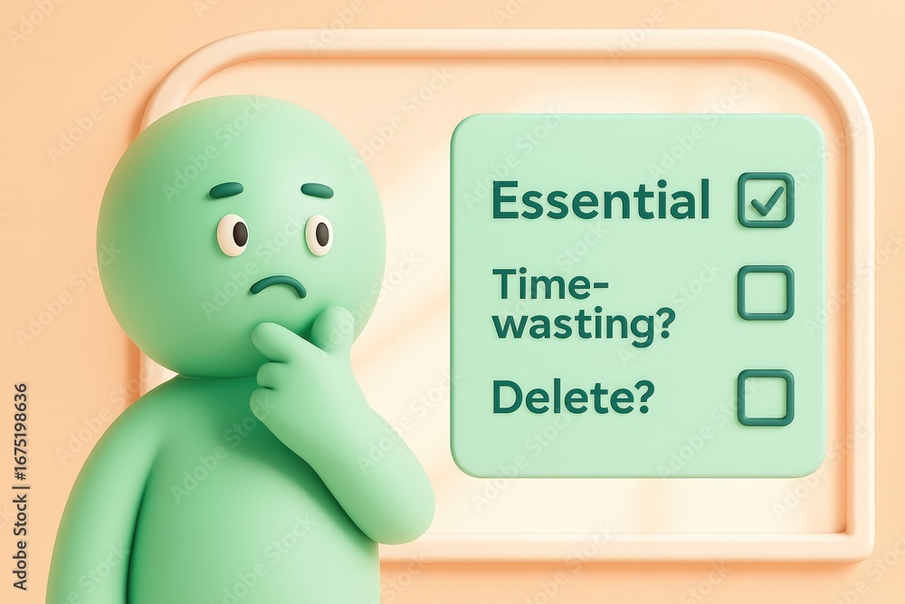 Poster a 3d character contemplates options on a pastel-colored checklist, considering whether something is 