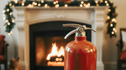 Fire extinguisher placed near a cozy fireplace decorated for the holidays in a warm living room setting
