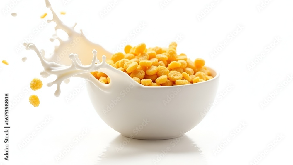 Poster studio shot of cornflakes with milk splashing upward from the bowl, crisp detail and motion effect c