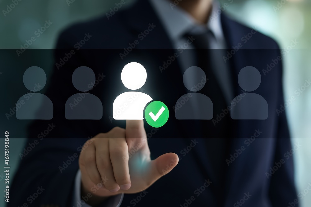 Poster a person's finger selects a profile from a list of candidates displayed on a transparent screen.