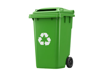 Isolated green recycling bin on wheels for trash collection and waste management