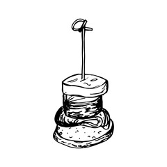 Vector isolated image of Canape, small sandwich strung on skewer. Snack for alcohol, appetizer. Single black and white sketch on white background.
