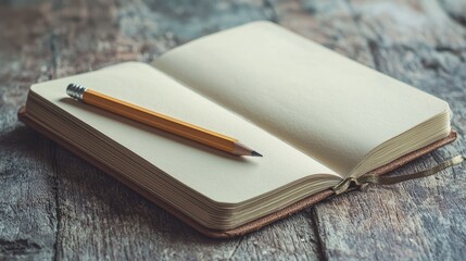 Open notebook with a pencil resting on a wooden surface background