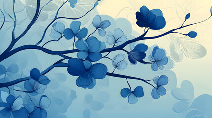 Blue cherry blossoms on a soft blue and yellow background