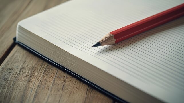 Red Pencil on Open Notebook Pages on Wooden Table Surface - Powered by Adobe