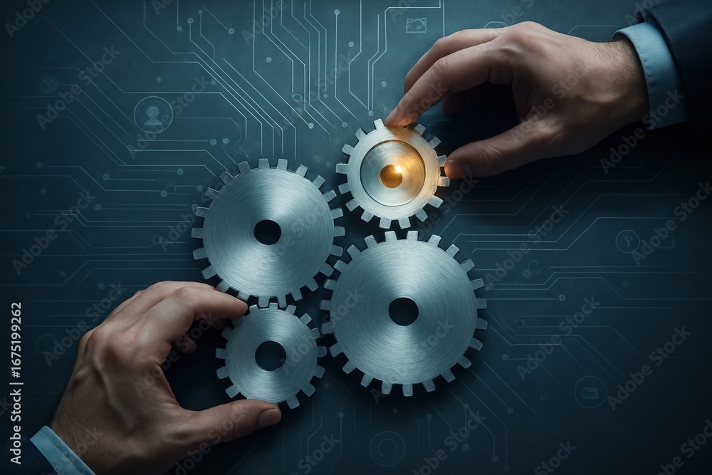 Aufkleber two hands aligning gears, symbolizing collaboration and teamwork within a technological framework.