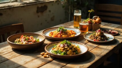 A variety of delicious pasta dishes and glasses of beer served on a rustic wooden table in natural sunlight