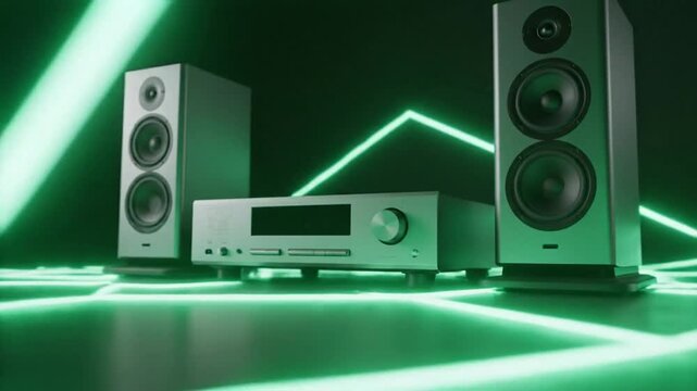 Stereo Speakers and Audio Receiver Setup with Ambient Dark Background