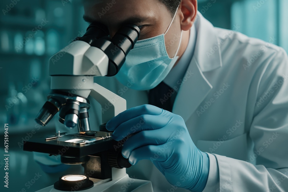 Poster close-up view of a scientist meticulously examining a specimen under a microscope in a modern labora