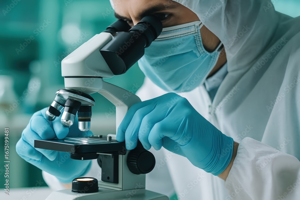 Poster close-up of a scientist meticulously adjusting a microscope in a laboratory setting, highlighting th