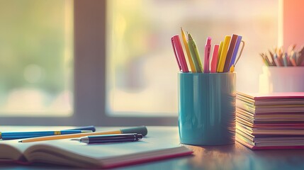 Colorful Writing Instruments in Bright Workspace with Stationery