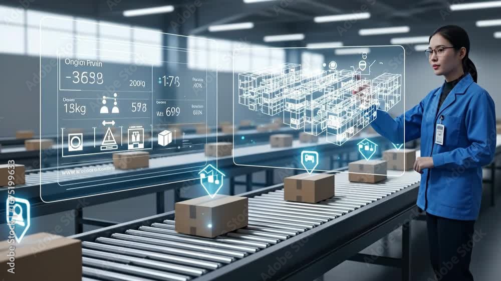 Poster digital twin logistics: warehouse management system - a female worker interacts with a holographic i