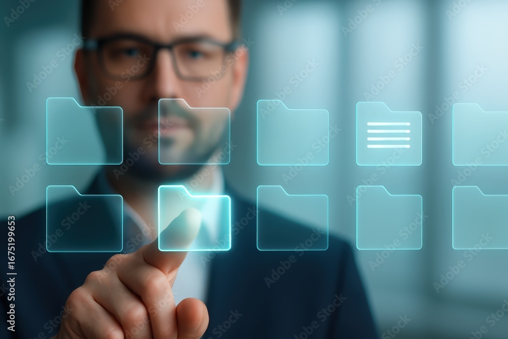 Poster a man's finger interacts with a digital interface, highlighting a folder icon, showcasing a futurist