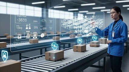 Digital Twin Logistics: Warehouse Management System - A female worker interacts with a holographic interface displaying a digital twin of a warehouse and package tracking data on conveyor belts. - Powered by Adobe
